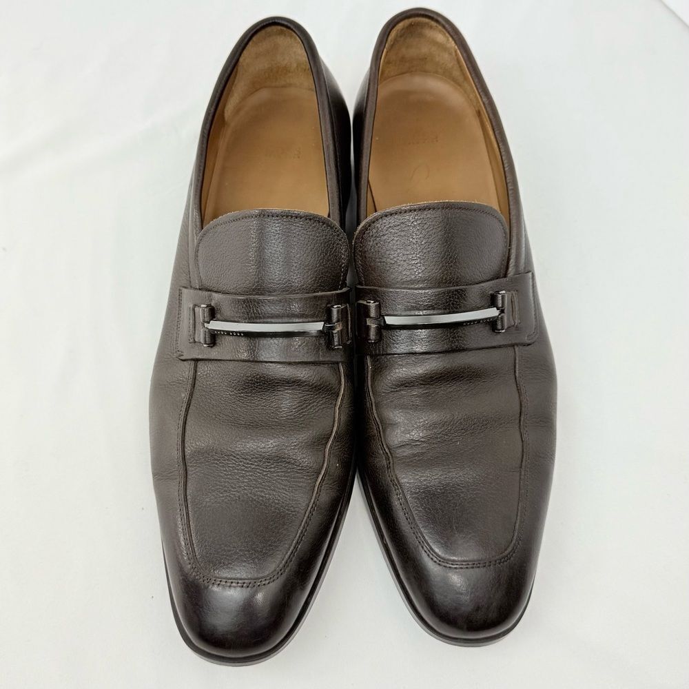 Hugo Boss Brown Leather Silver Tone Horse Bit Slip On Dress Loafer Shoes - Picture 2 of 15